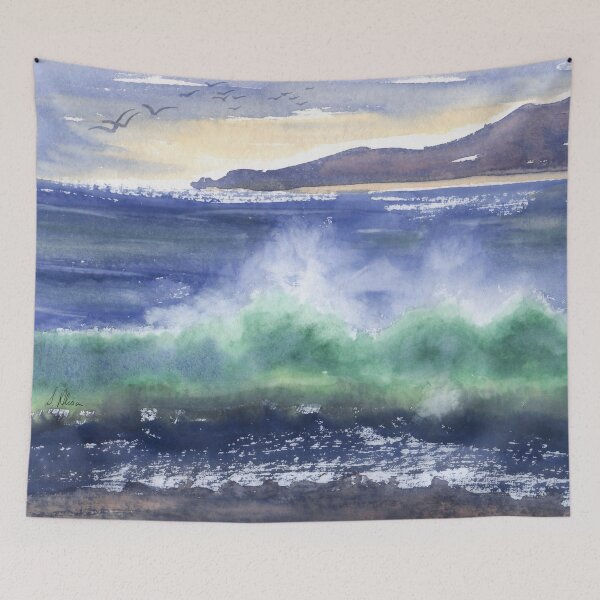 Item preview, Waves breaking on the sea with Golden Sands in the distance designed and sold by SusanAlisonArt.