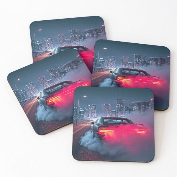 Item preview, Muscle Car Burnout Miami Bridge Night Neon Skyline Retrowave Art designed and sold by Kynura.