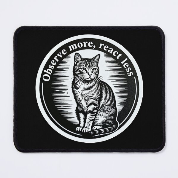 Item preview, Observe More React Less – Black and White Minimal Cat Engraving Art designed and sold by CatVibesStudio.