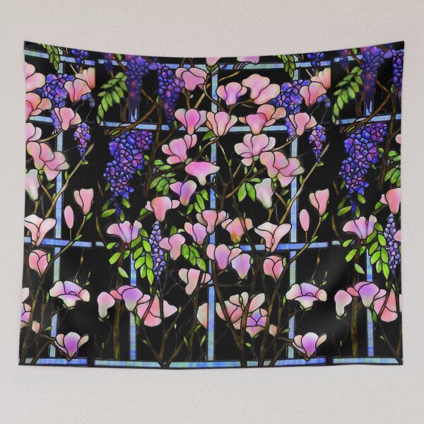 Item preview, Purple wisteria stain glass, pink magnolia,Tiffany style stained glass illustration  designed and sold by hollycooper.