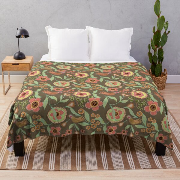 Item preview, Whimsical Birds & Folk Art Blooms on khaki designed and sold by phatlizzardart.