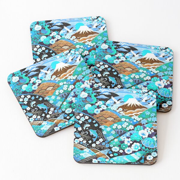 Item preview, Turquoise Dreams of Japan – Kimono-Inspired Koi & Mount Fuji Pattern designed and sold by ANIARTONLINE.
