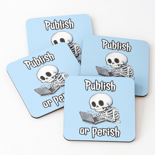 Item preview, Publish or Perish – Skeleton Writing at Laptop designed and sold by Nerd Romance Café.