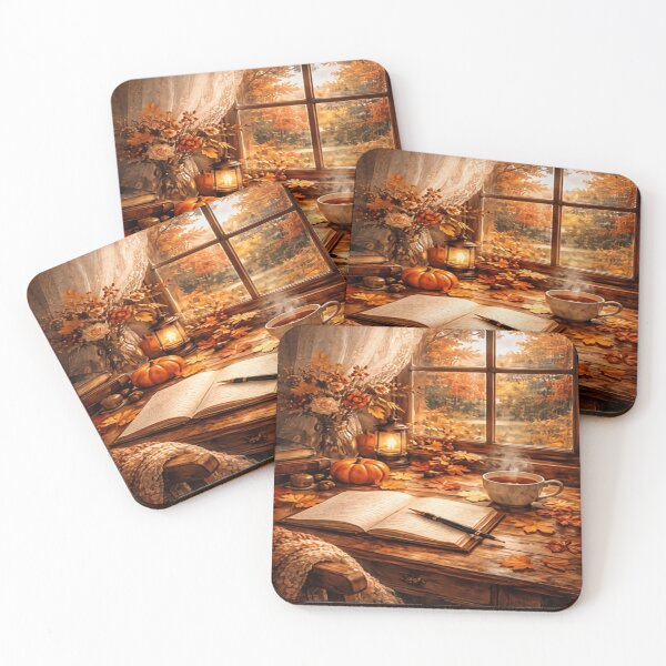 Item preview, Autumn Writing Nook - Cozy Fall Tea Pumpkin Window View Art designed and sold by ArtFreshStudio.