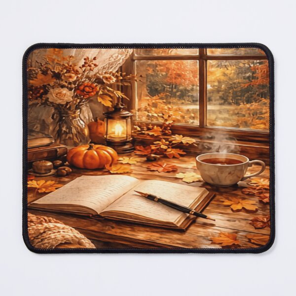 Item preview, Autumn Writing Nook - Cozy Fall Tea Pumpkin Window View Art designed and sold by ArtFreshStudio.