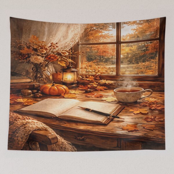 Item preview, Autumn Writing Nook - Cozy Fall Tea Pumpkin Window View Art designed and sold by ArtFreshStudio.