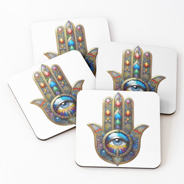 Item preview, Colorful Burnished Gold Speckled Blue Third Eye Hamsa designed and sold by Lee Hiller Designs.