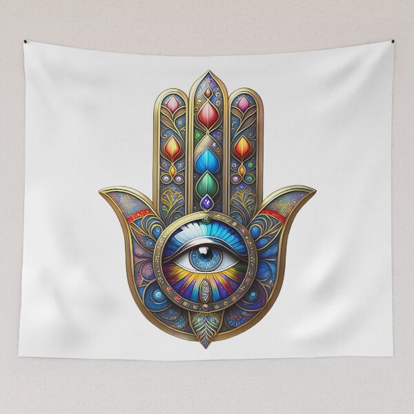 Item preview, Colorful Burnished Gold Speckled Blue Third Eye Hamsa designed and sold by Lee Hiller Designs.