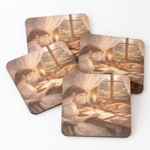Item preview, Victorian Girl Writing Letters - Candlelit Desk Garden View designed and sold by ArtFreshStudio.