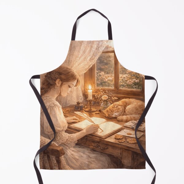 Item preview, Victorian Girl Writing Letters - Candlelit Desk Garden View designed and sold by ArtFreshStudio.
