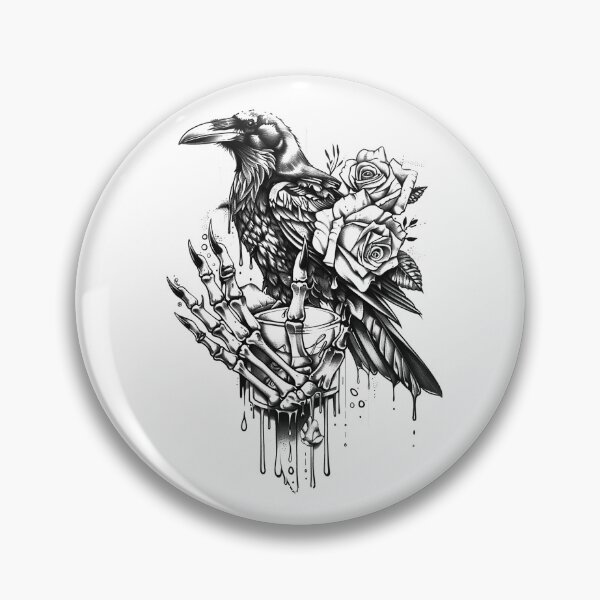Artikelvorschau, Gotischer Rabe und Skeletthand mit Rosen – Dunkles Tattoo-Motiv in Blackwork-Technik entworfen und verkauft von inkoutninja.