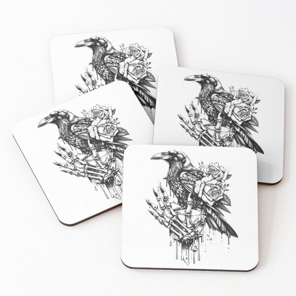 Item preview, Gothic Raven and Skeleton Hand with Roses – Dark Tattoo Style Blackwork Art designed and sold by inkoutninja.