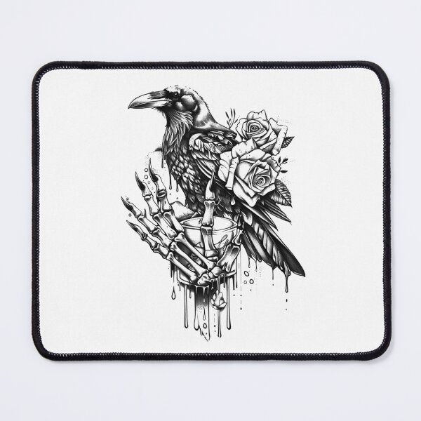 Item preview, Gothic Raven and Skeleton Hand with Roses – Dark Tattoo Style Blackwork Art designed and sold by inkoutninja.
