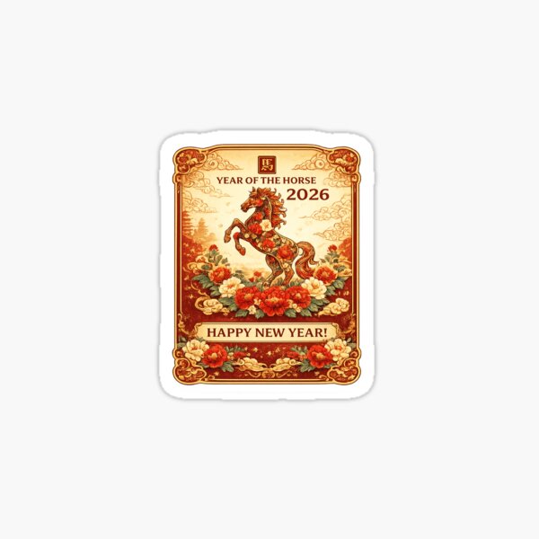 Item preview, Year of the Horse 2026 Sticker – Happy New Year Chinese Zodiac Horse Vintage Floral Design designed and sold by WGZ-ARTS.