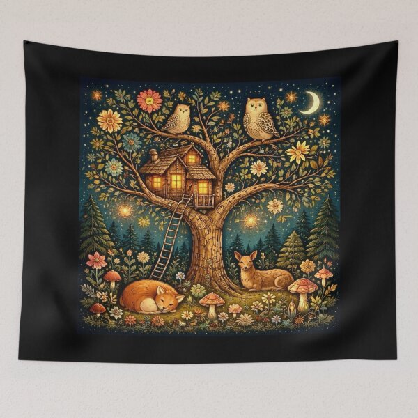 Item preview, Scandinavian Folk Art - Nordic Treehouse Nights designed and sold by Myra365Art.
