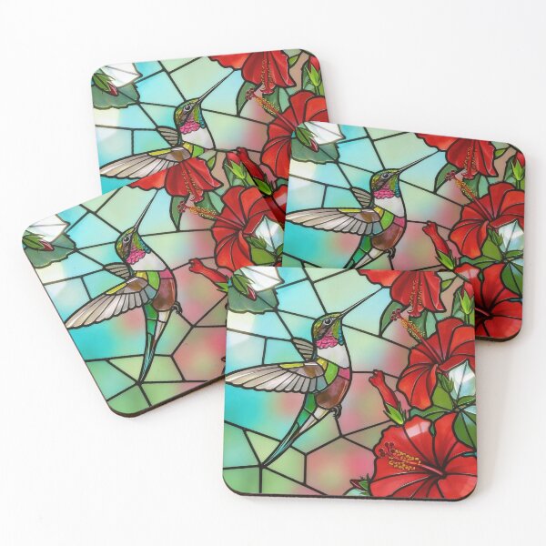 Item preview, Stained Glass Hummingbird with Red Hibiscus Flowers Spring Love designed and sold by Ciervo Primavera.
