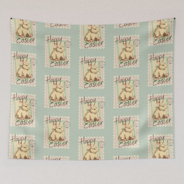 Item preview, Happy Easter Vintage Bunny Rabbit Stamp Antique Aesthetic Pink and Green designed and sold by Forevermore.