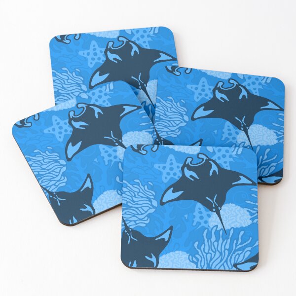 Item preview, Manta Ray and Coral Reef Pattern, Monochrome Blue Variant designed and sold by Free-Spirit-Meg.