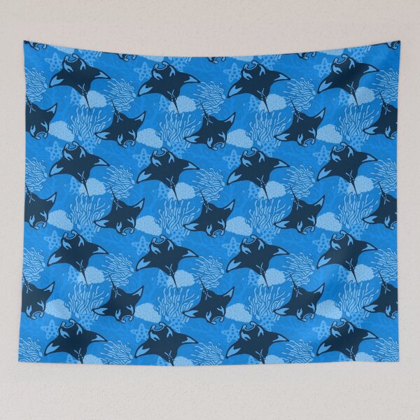 Item preview, Manta Ray and Coral Reef Pattern, Monochrome Blue Variant designed and sold by Free-Spirit-Meg.