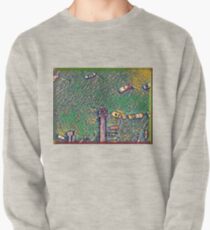Surreal green and yellow lake pier with boats Pullover Sweatshirt