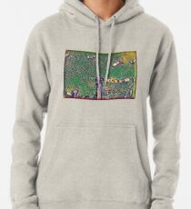 Surreal green and yellow lake pier with boats Pullover Hoodie