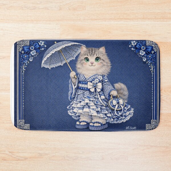 Item preview, Blue Porcelain Kimono Cat – Elegant Japanese Fantasy Art designed and sold by atsue-no-e.