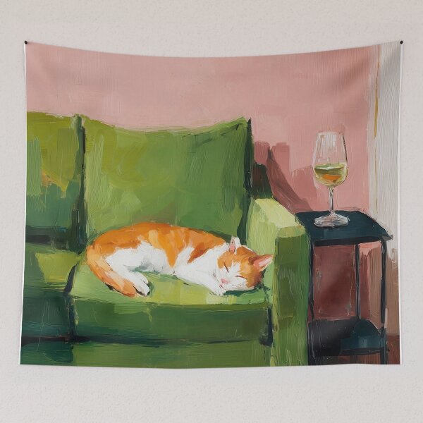 Item preview, Cat on Green Couch, Colorful Art designed and sold by vintagevivian.