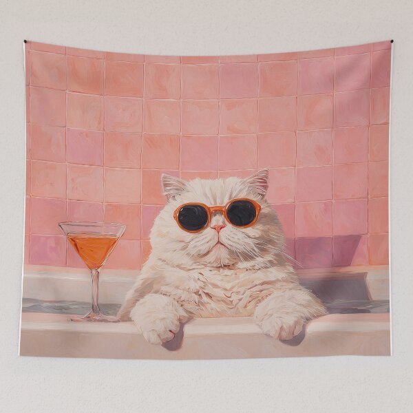 Item preview, White Cat in Bathtub, Colorful Whimsical Art designed and sold by vintagevivian.