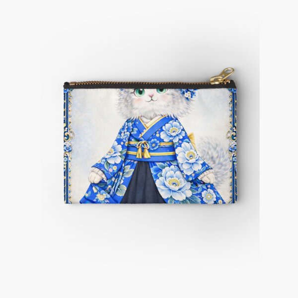 Item preview, Blue Kimono Cat – Elegant Japanese Floral Illustration designed and sold by atsue-no-e.