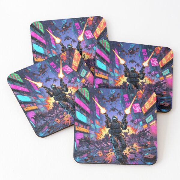 Item preview, Cyber Alley Ambush - Retro Soldier vs Alien Swarm Art Print designed and sold by ThePixelArchive.