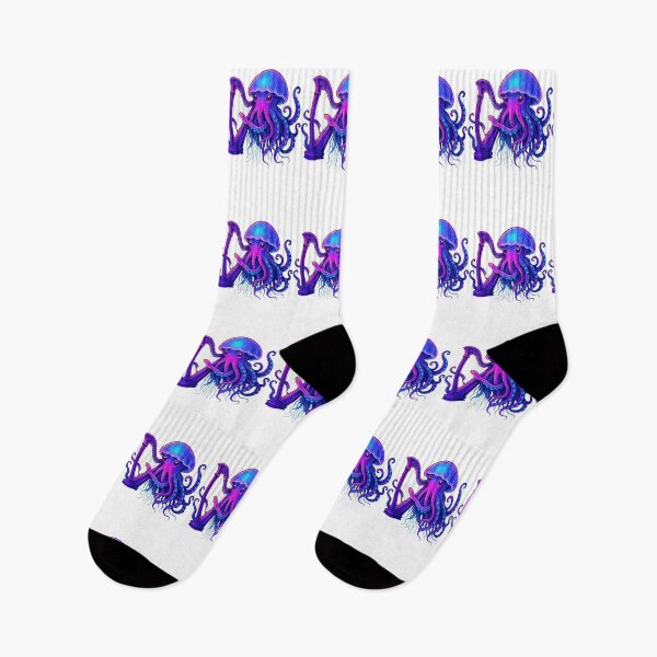 Item preview, Neon Jellyfish Harpist | Retro-Futuristic Synthwave Sea Music Print designed and sold by LuxuryApparels.
