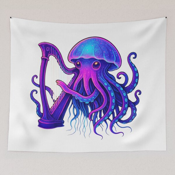 Item preview, Neon Jellyfish Harpist | Retro-Futuristic Synthwave Sea Music Print designed and sold by LuxuryApparels.