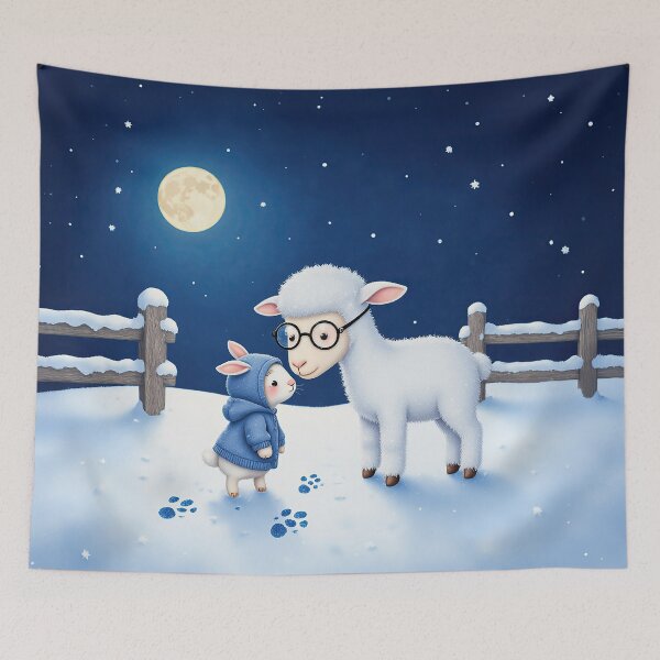 Item preview, Moonlit Winter Hug – Whimsical Lamb and Little Bunny in the Snow designed and sold by Whimsical Hug.
