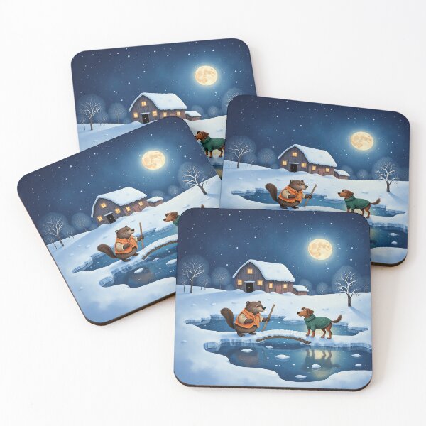 Item preview, Moonlit Winter Crossing – Whimsical Beaver and Dog by the Frozen Pond designed and sold by Whimsical Hug.