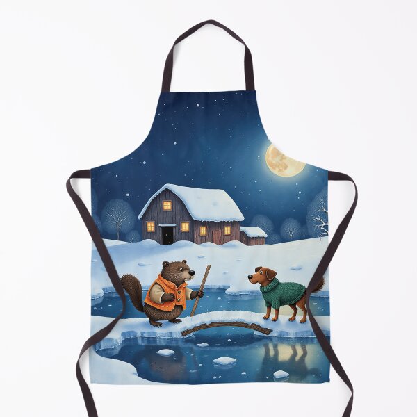 Item preview, Moonlit Winter Crossing – Whimsical Beaver and Dog by the Frozen Pond designed and sold by Whimsical Hug.