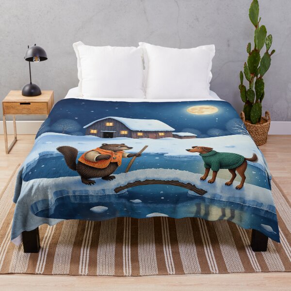 Item preview, Moonlit Winter Crossing – Whimsical Beaver and Dog by the Frozen Pond designed and sold by Whimsical Hug.