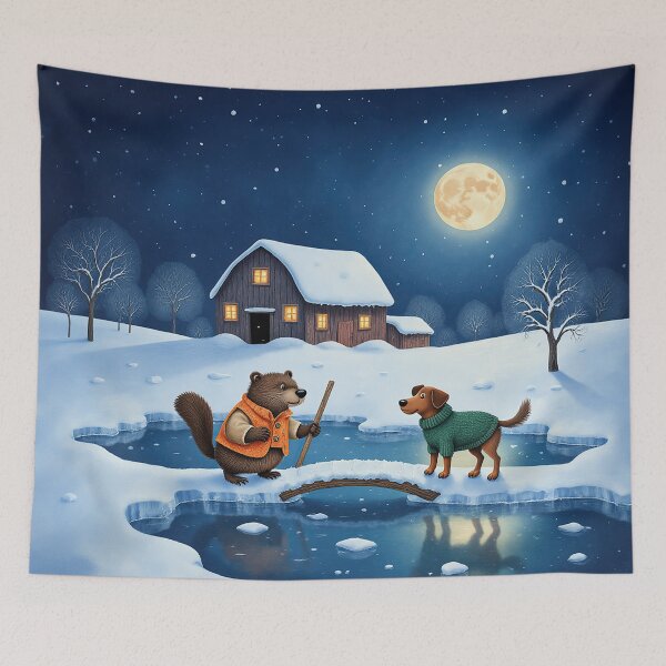 Item preview, Moonlit Winter Crossing – Whimsical Beaver and Dog by the Frozen Pond designed and sold by Whimsical Hug.