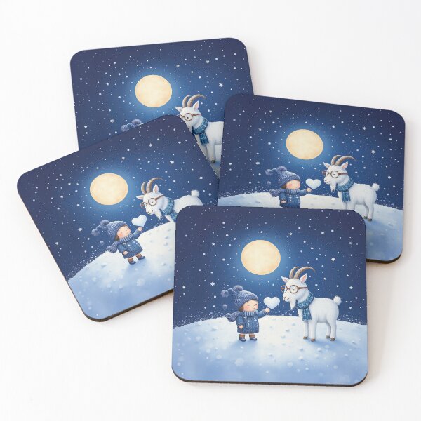 Item preview, Moonlit Winter Kindness – Whimsical Child and Goat in the Snow designed and sold by Whimsical Hug.