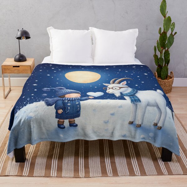 Item preview, Moonlit Winter Kindness – Whimsical Child and Goat in the Snow designed and sold by Whimsical Hug.