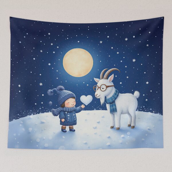 Item preview, Moonlit Winter Kindness – Whimsical Child and Goat in the Snow designed and sold by Whimsical Hug.