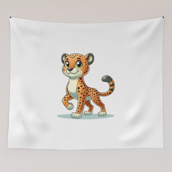 Item preview, A cheerful cartoon cheetah with big eyes, showcasing playful features and vibrant orange spots. designed and sold by cave-canvas.