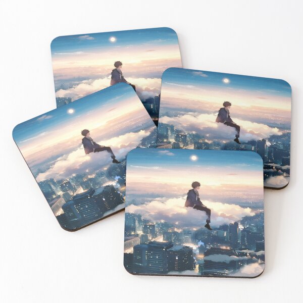 Item preview, Lone Anime Boy Sitting On Cloud Above City designed and sold by BlurBlurDesign.