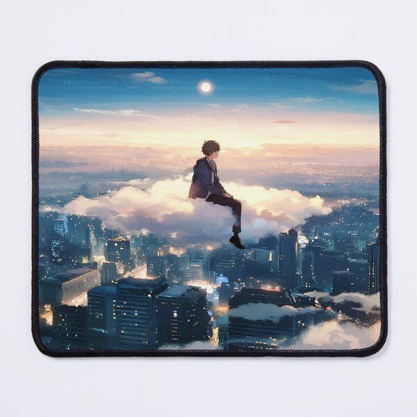Item preview, Lone Anime Boy Sitting On Cloud Above City designed and sold by BlurBlurDesign.
