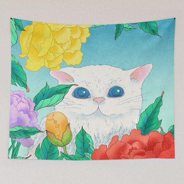 Item preview, Morning Serenity: White Cat and Peonies in Early Light  designed and sold by QamarART Paintings.