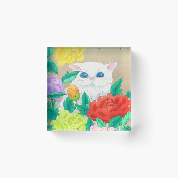Item preview, Timeless Grace: White Cat and Peonies on Antique Hanji designed and sold by QamarART Paintings.