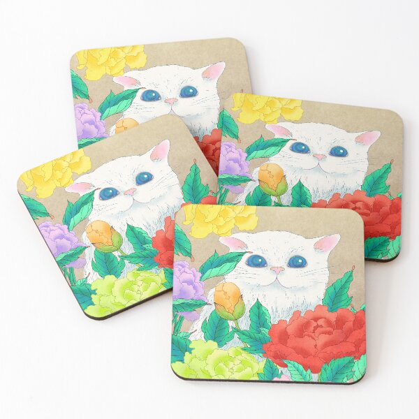 Item preview, Timeless Grace: White Cat and Peonies on Antique Hanji designed and sold by QamarART Paintings.