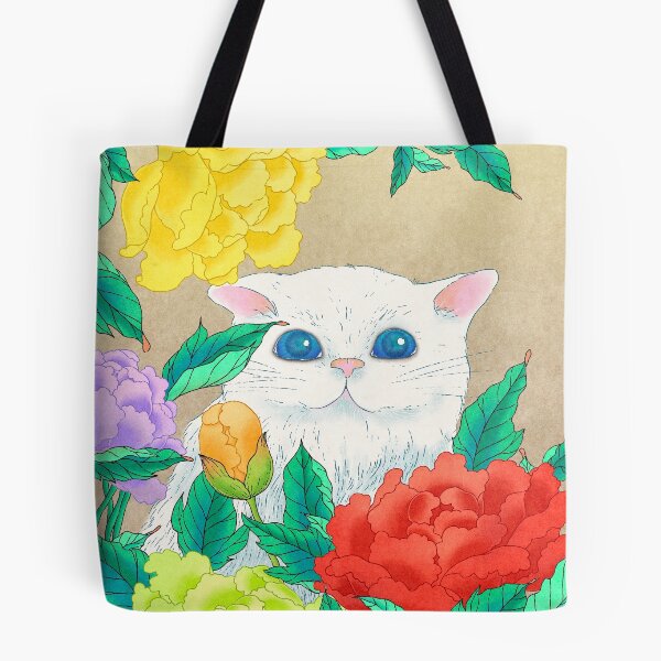 Item preview, Timeless Grace: White Cat and Peonies on Antique Hanji designed and sold by QamarART Paintings.