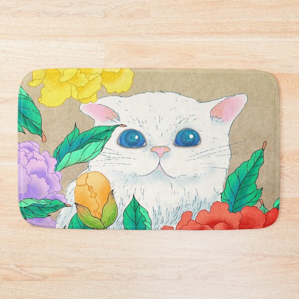 Artikelvorschau, Zeitlose Anmut: Weiße Katze und Pfingstrosen auf antikem Hanji-Papier entworfen und verkauft von QamarART Paintings.