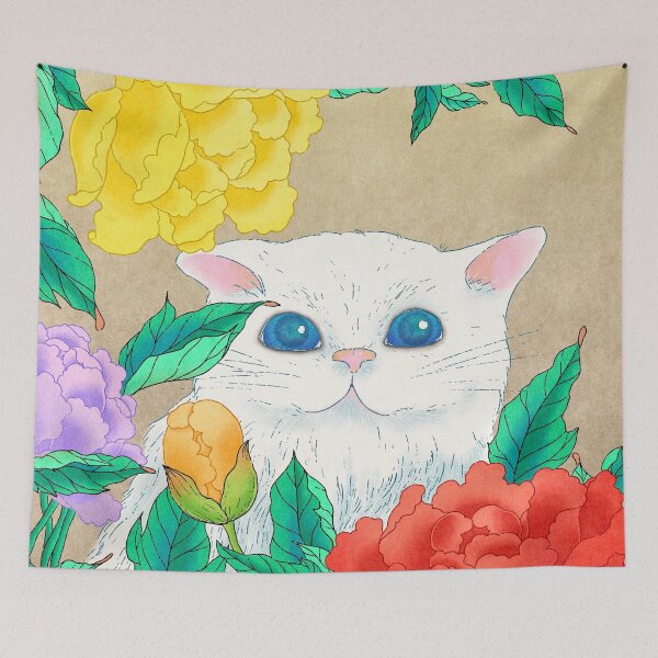 Artikelvorschau, Zeitlose Anmut: Weiße Katze und Pfingstrosen auf antikem Hanji-Papier entworfen und verkauft von QamarART Paintings.