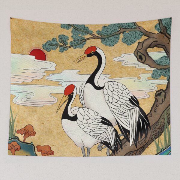 Item preview, Noble Longevity: Cranes on a Pine Tree in Golden Earth  designed and sold by QamarART Paintings.